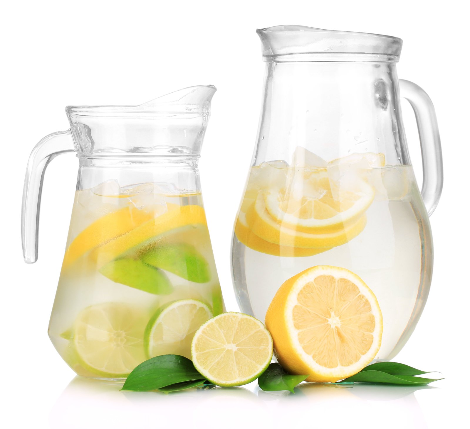 Cold water with lime, lemon and ice in pitchers isolated on whit