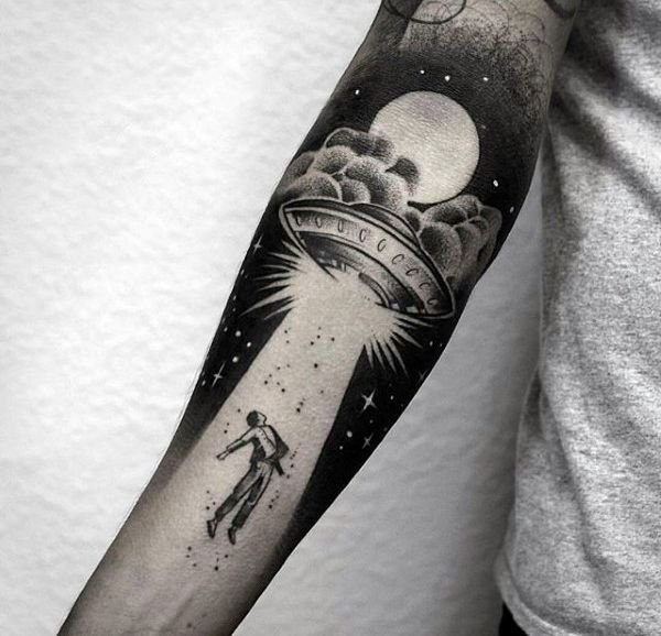 tattoo-trends-creative-alien-abuduction-mens-forearm-sleeve-tattoo-with-negative-space-design